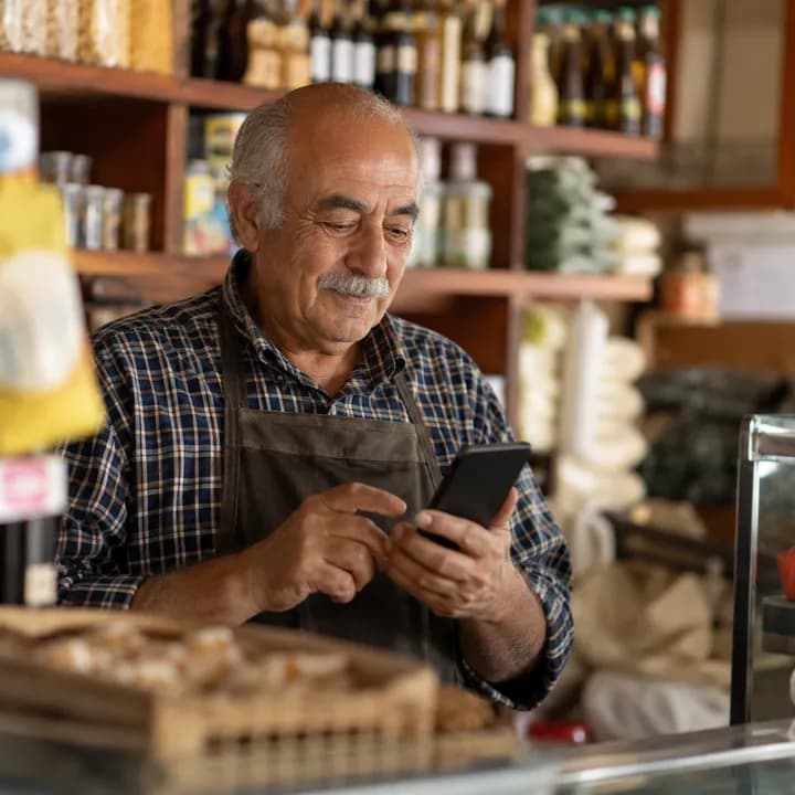 A shopkeeper checking a group chat behind his counter