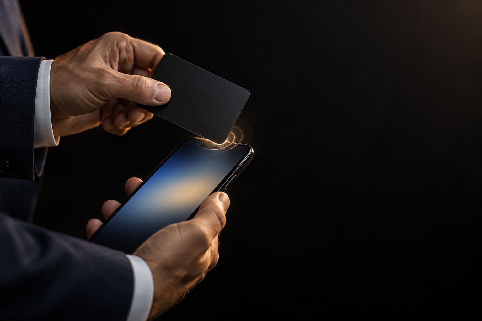 A black NexusG8 card held against the back of a phone