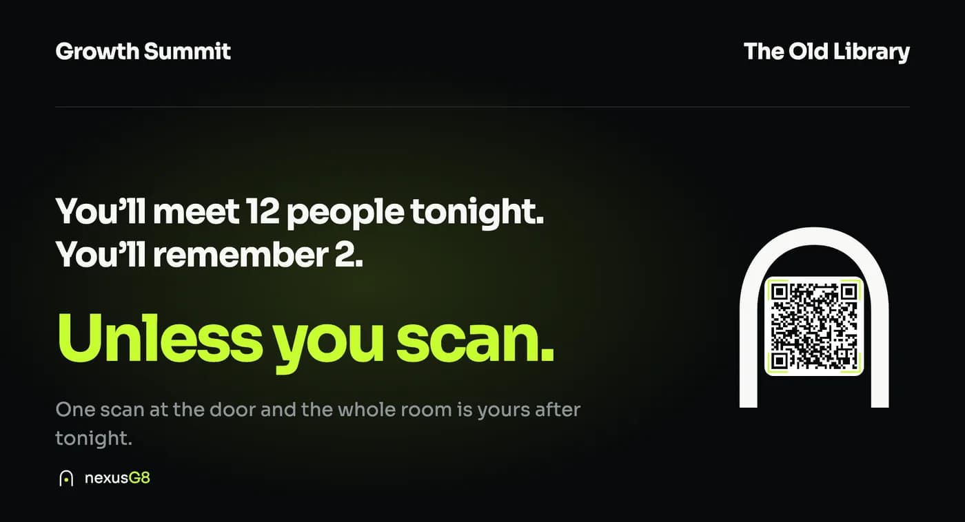 Event screen two: You will meet 12 people tonight, you will remember 2, Unless you scan