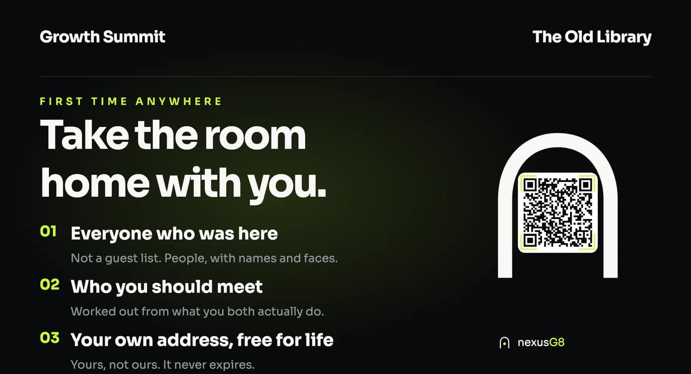 Event screen three: Take the room home with you, everyone who was here, who you should meet, your own address free for life