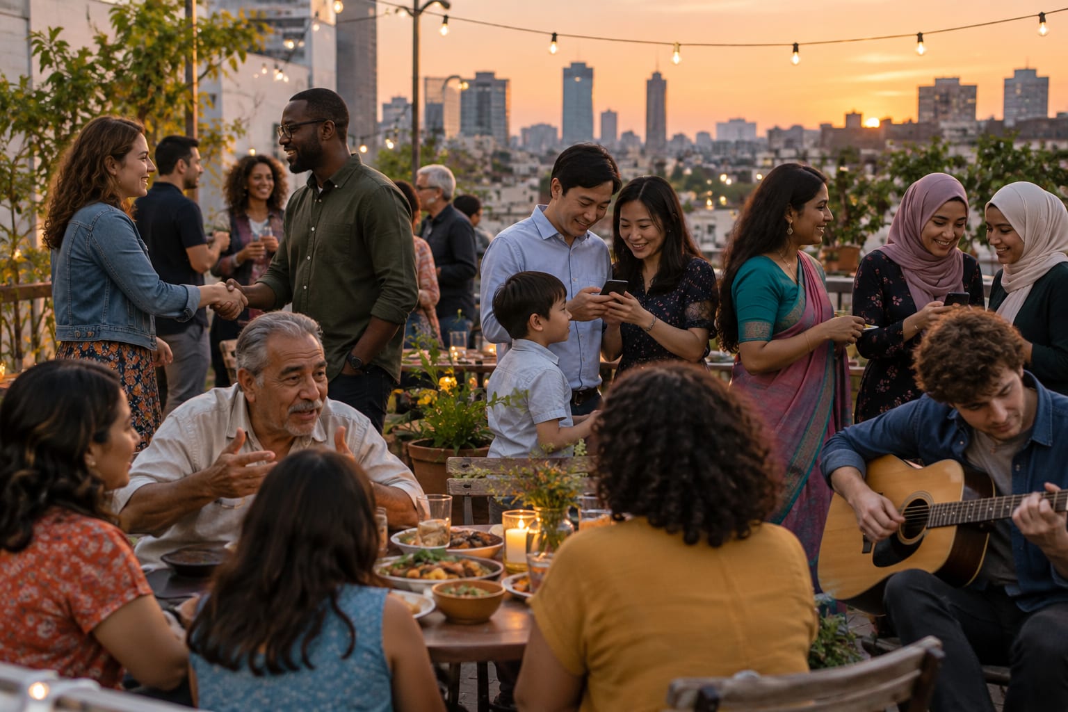 People of every age and background at an evening gathering on a rooftop terrace, swapping contacts on their phones