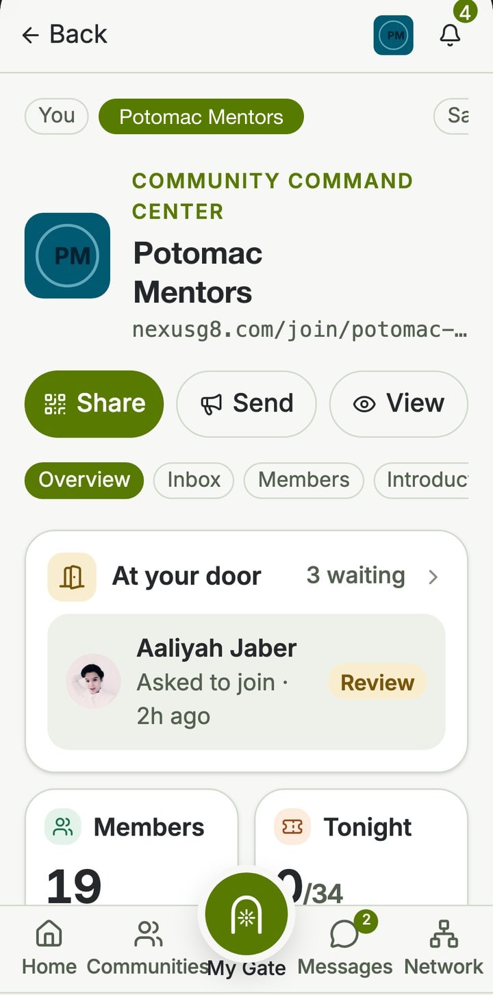 A community’s Command Center on NexusG8: the door, members and tonight’s event